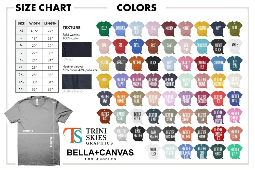 Bella+Canvas t-shirt size and color chart for Art of War UFO Graphic Tee with Sun Tzu alien humor design