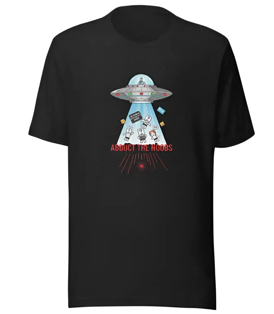Black short-sleeved Sun Tzu UFO graphic tee with alien humor and noobs abduction design