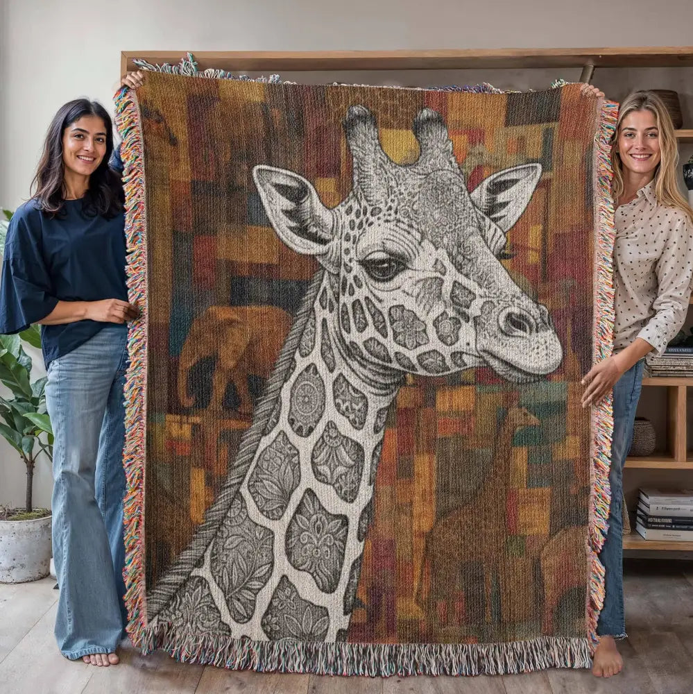 Monochromatic giraffe woven blanket with tribal mosaic safari design