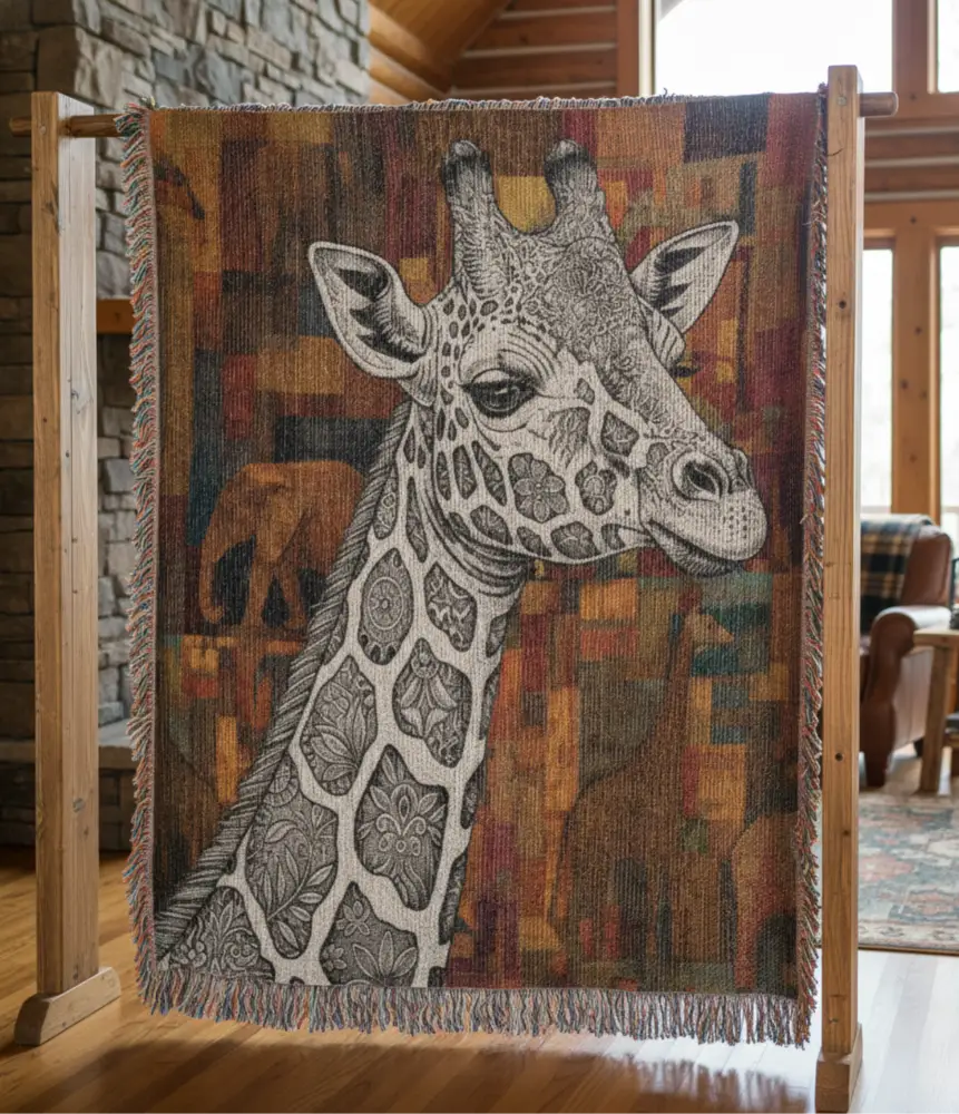 Tribal mosaic safari giraffe woven blanket for African lodge decor