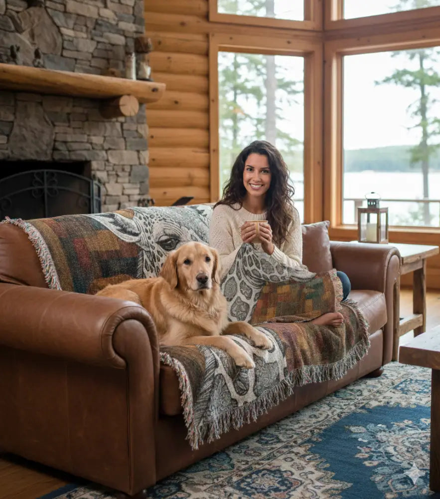 Brown leather sofa with giraffe woven blanket in tribal mosaic safari design