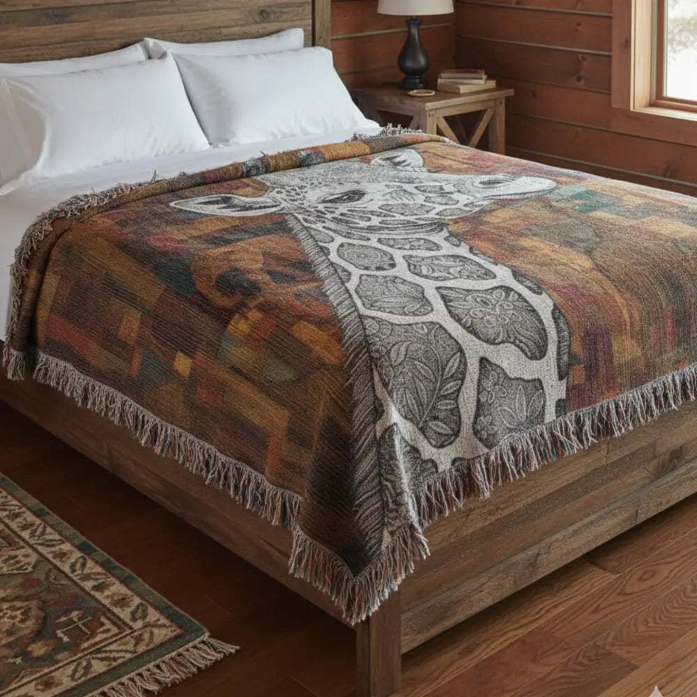 Cozy giraffe woven blanket in tribal mosaic safari design for African lodge décor