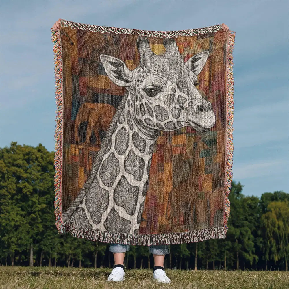 Monochromatic giraffe on tribal mosaic safari woven blanket for African lodge décor