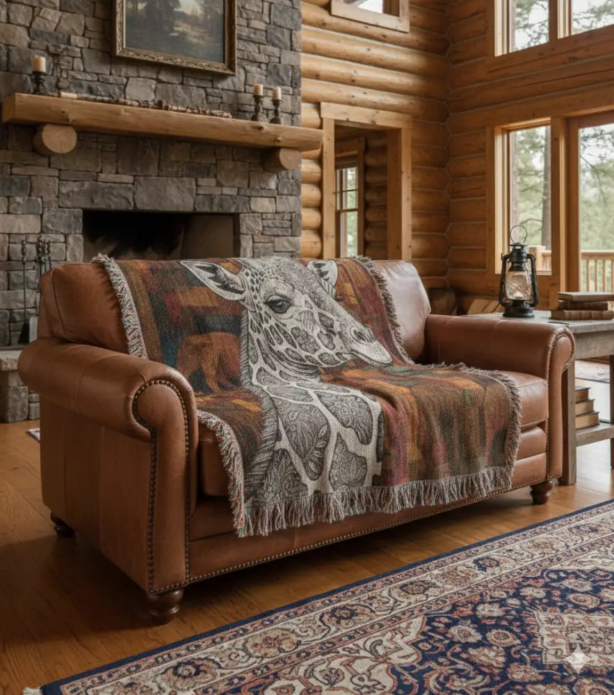 Brown leather sofa with giraffe woven blanket in tribal mosaic safari design