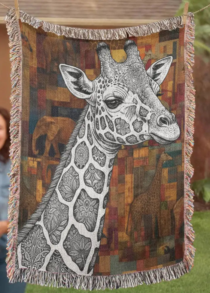 Detailed black and white giraffe woven blanket with tribal mosaic safari design for African lodge décor