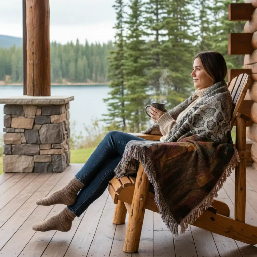 Woman in cozy sweater on wooden chair with giraffe woven blanket