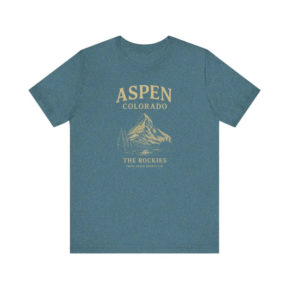 Teal Aspen Colorado Mountain graphic tee with mountains and trees for nature lovers