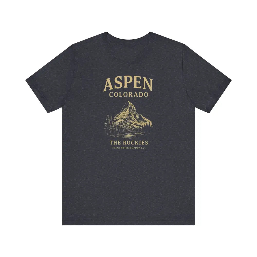 Dark gray Aspen Colorado Mountain graphic tee featuring mountains and trees for nature lovers