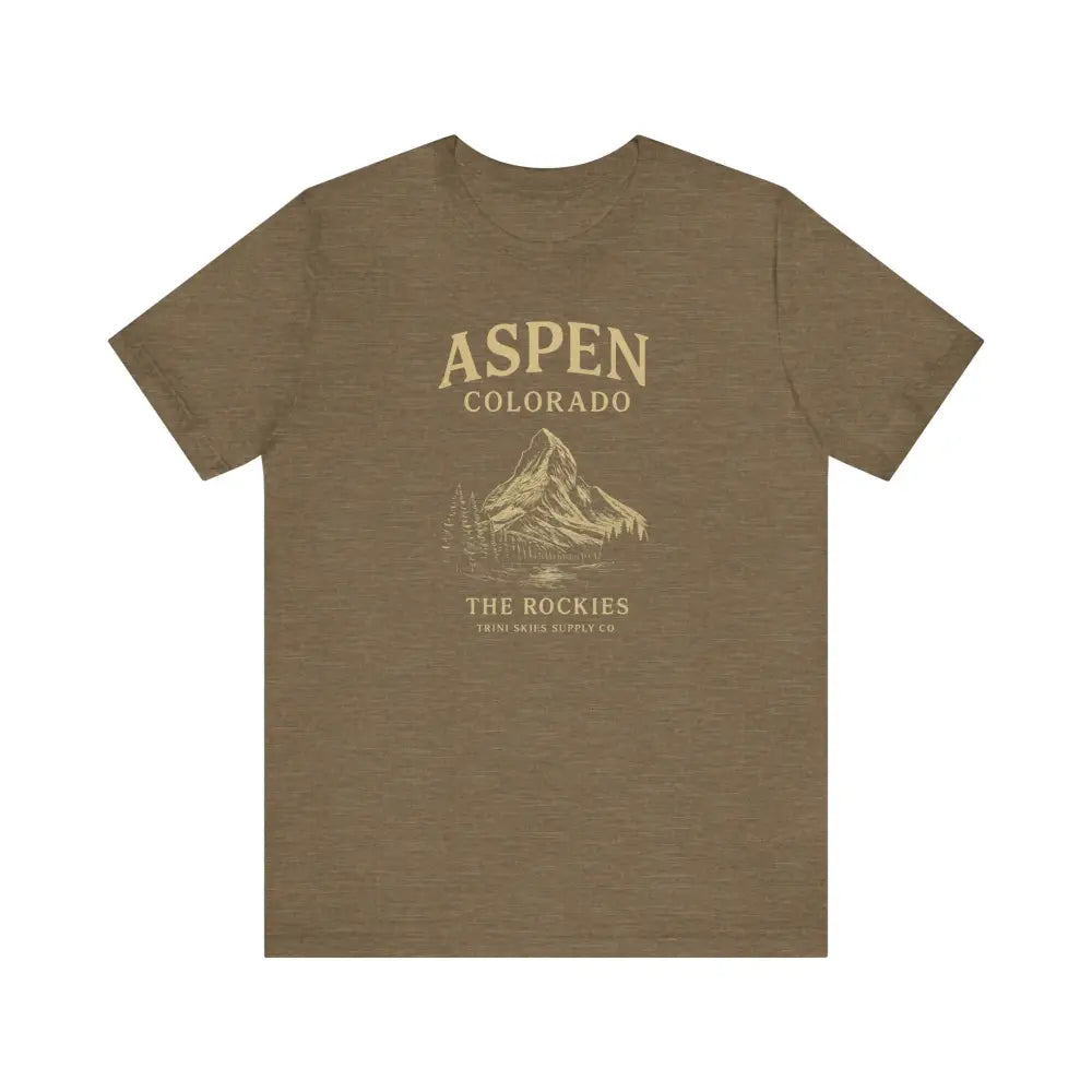Aspen Colorado mountain graphic tee in muted olive green for nature lovers