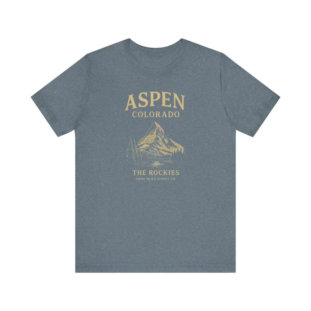 Muted blue Aspen Colorado Mountain graphic tee with mountain design for nature lovers