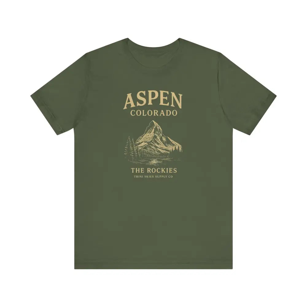 Olive green Aspen Colorado mountain tee with graphic and text for nature lovers