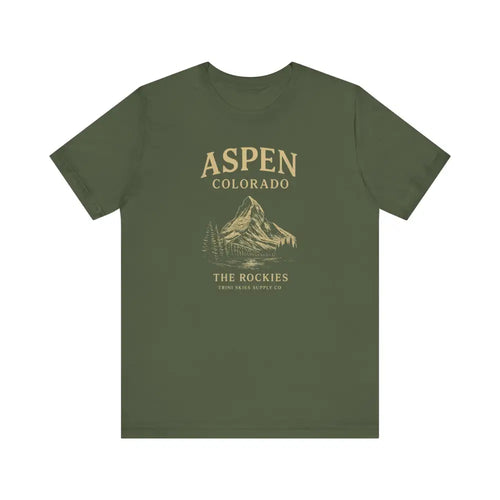 Olive green Aspen Colorado mountain tee with graphic and text for nature lovers