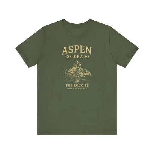 Olive green Aspen Colorado mountain graphic tee for nature lovers, Colorado mountain tee