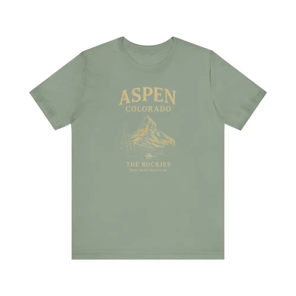Sage green Aspen Colorado mountain graphic tee for nature lovers and Colorado mountain enthusiasts