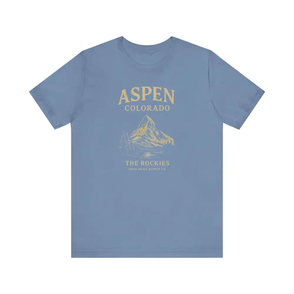 Light blue Aspen Colorado Mountain graphic tee with gold mountain design for nature lovers