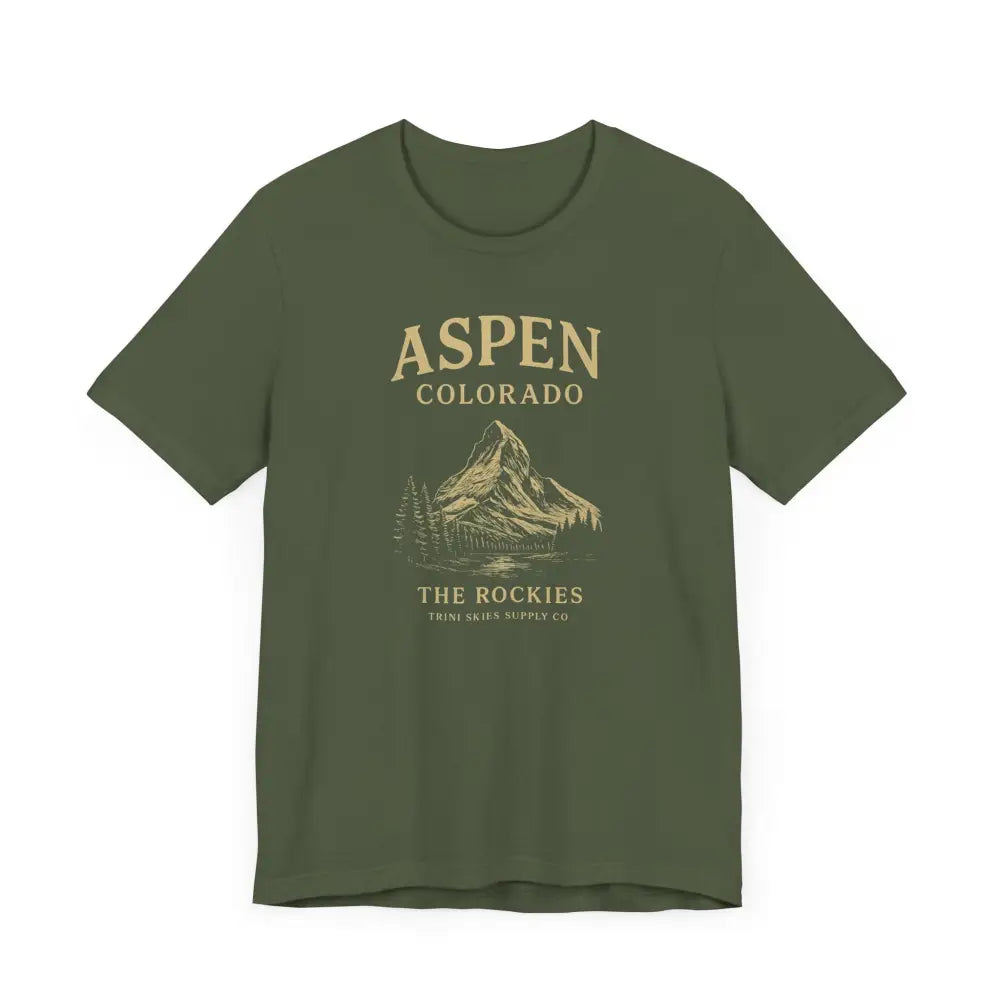 Dark green Aspen Colorado mountain tee with Rockies graphic