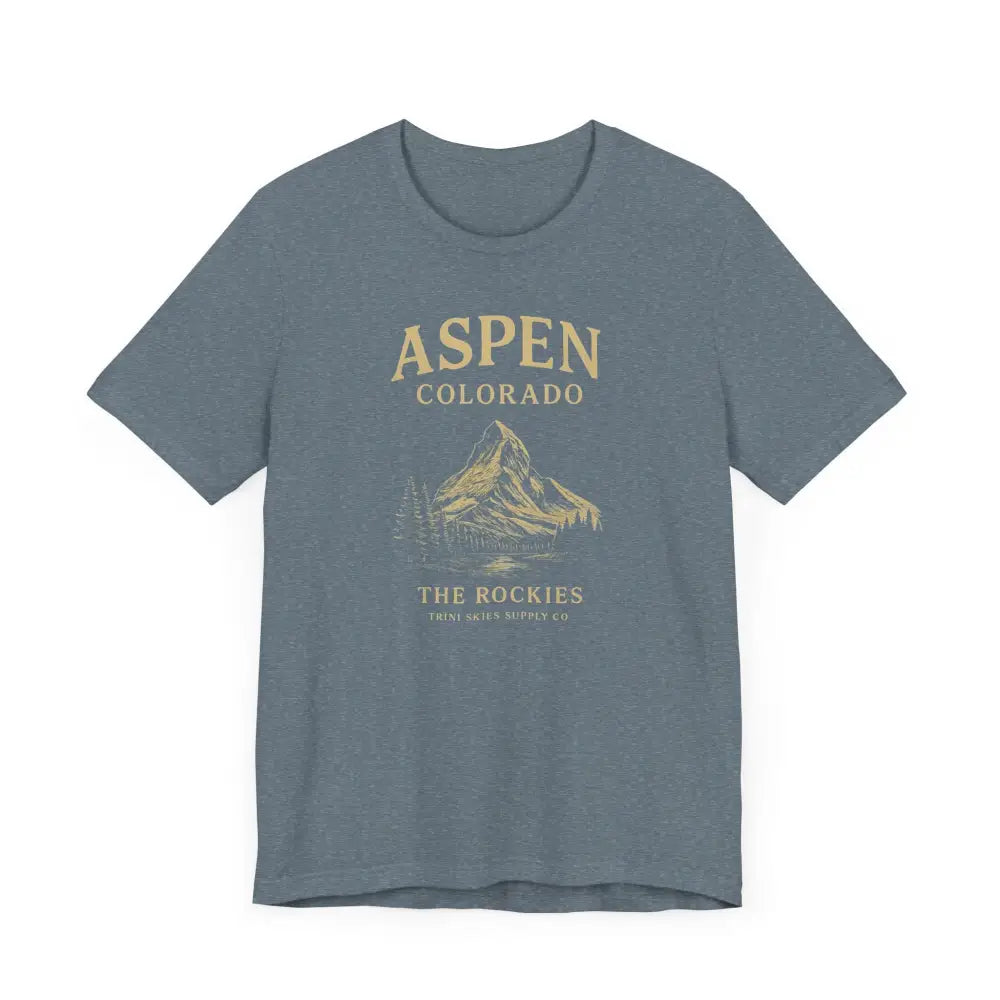 Slate blue Aspen Colorado mountain tee with Rockies graphic
