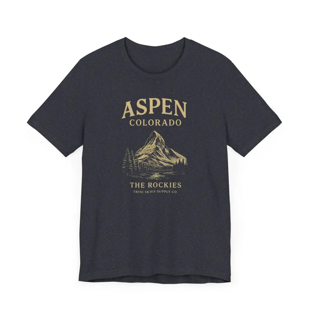 Dark gray Aspen Colorado mountain tee with gold graphic of trees