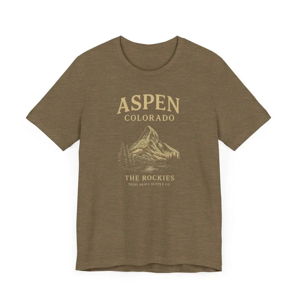 Olive green Aspen Colorado mountain graphic tee, perfect Colorado mountain tee for nature lovers