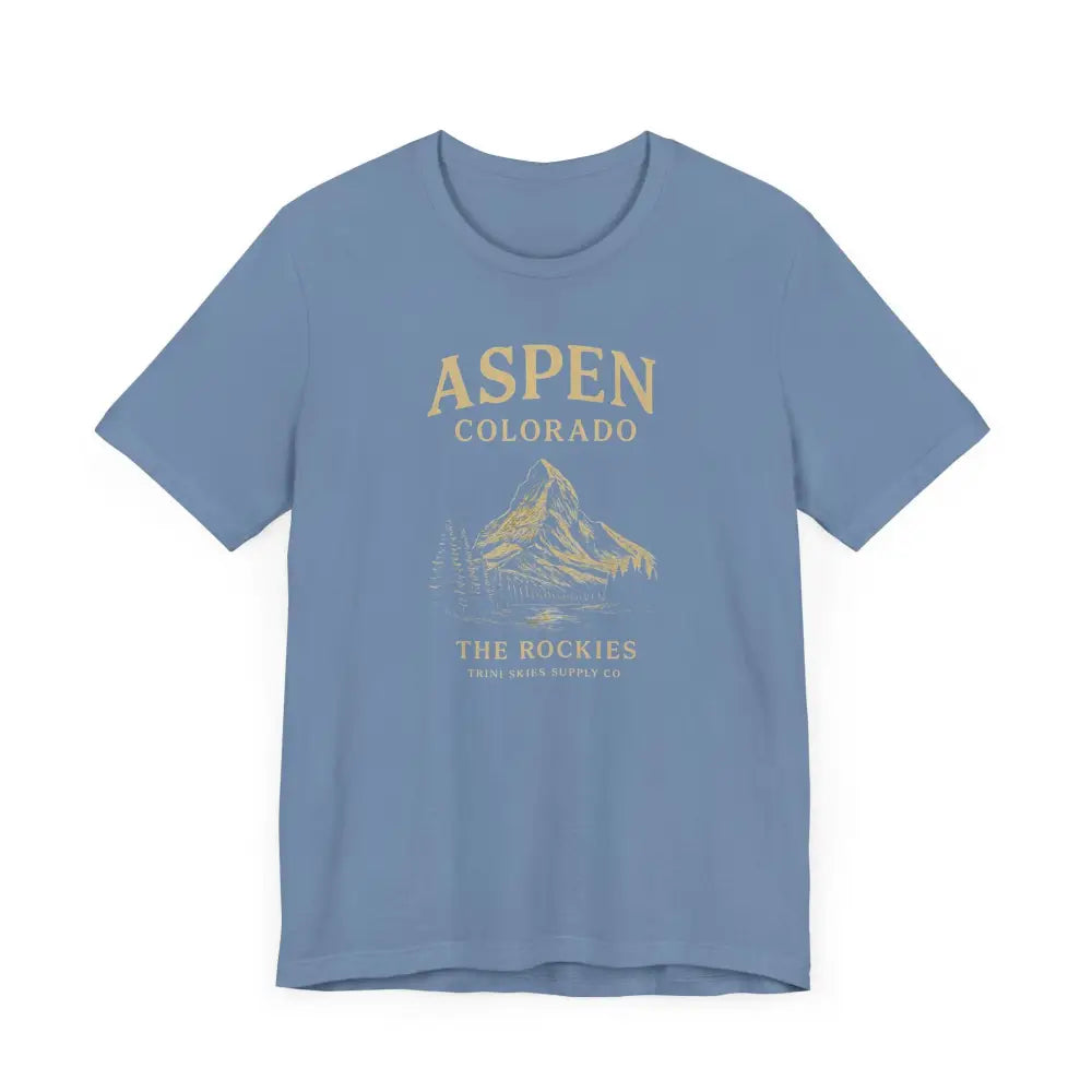 Light blue Aspen Colorado Mountain graphic tee featuring a mountain design for nature lovers