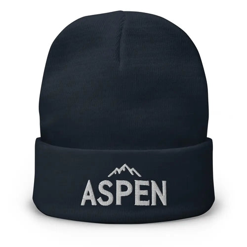 Dark blue Aspen embroidered beanie in cozy cotton blend with white mountains