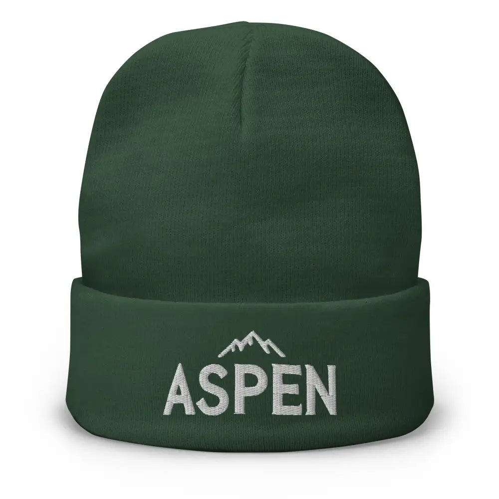 Dark green Aspen embroidered beanie in cozy cotton blend with mountain design