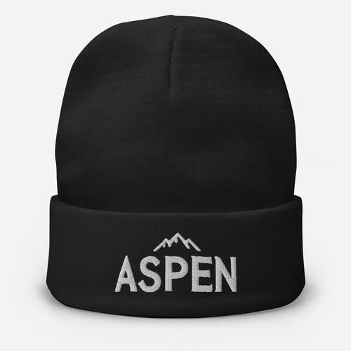 Black Aspen embroidered beanie in cozy cotton blend with mountain design