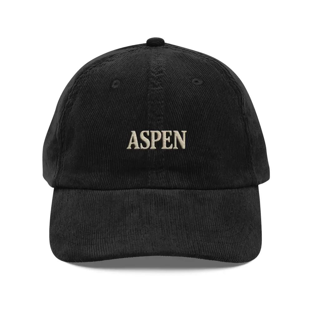 Black Aspen corduroy hat with embroidered mountain line and ASPEN on front