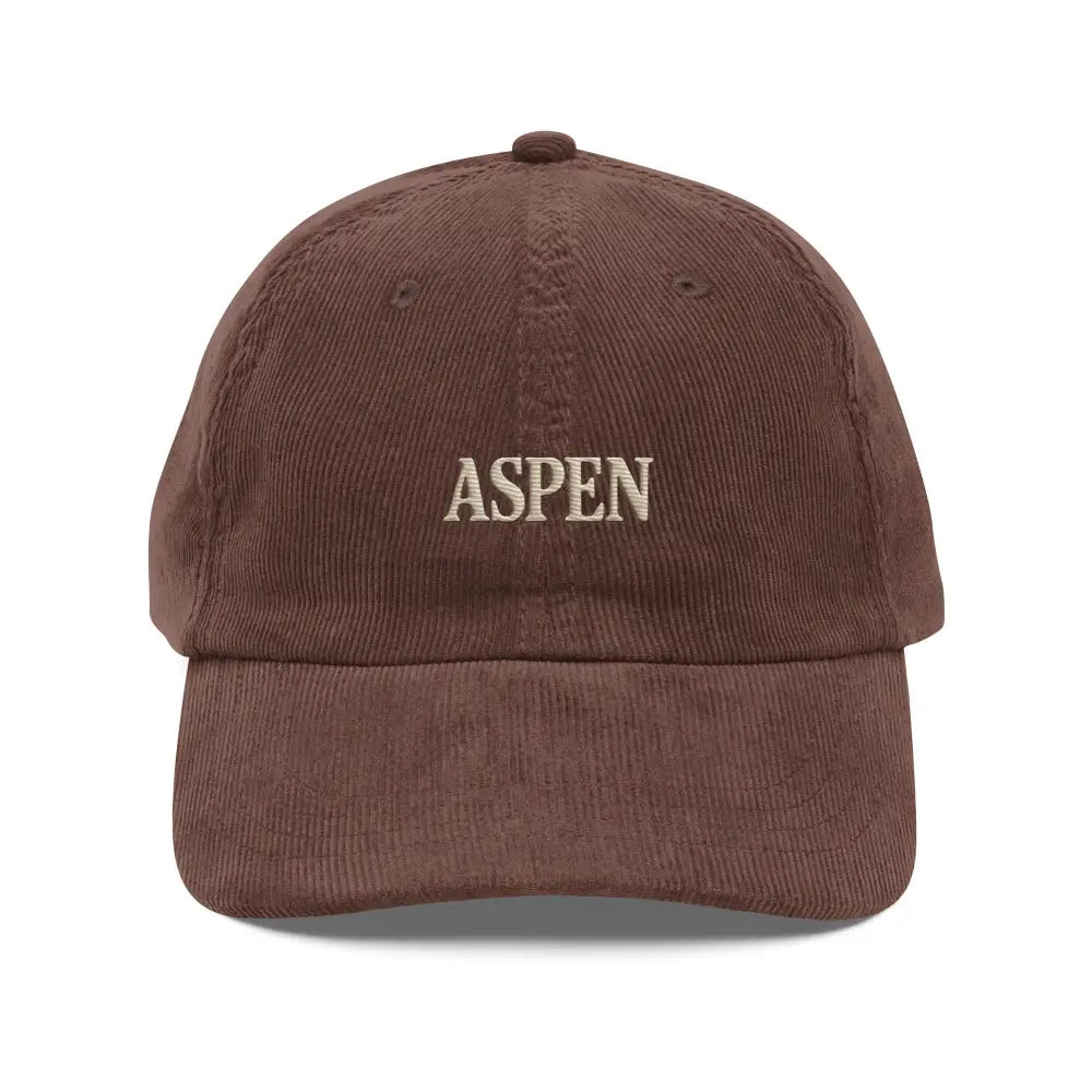 Brown aspencorduroy hat with Aspen embroidered mountain line, perfect for wandering lodge hallways