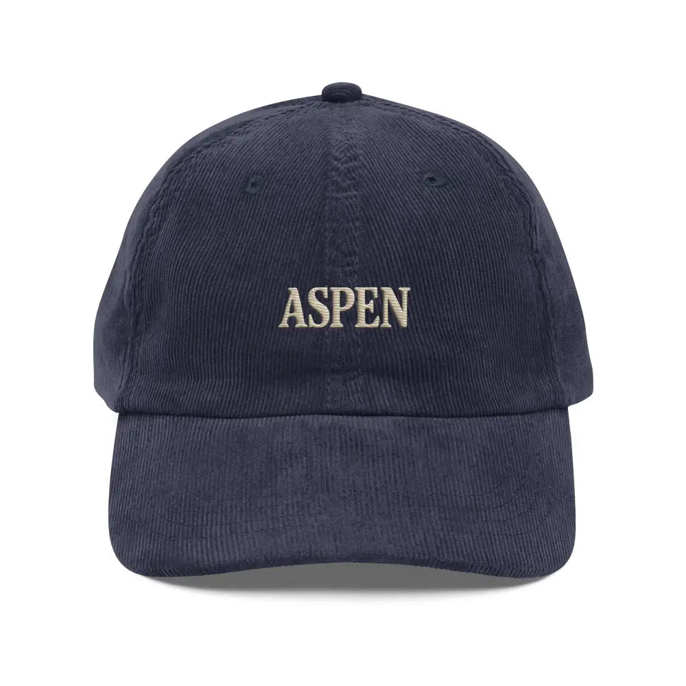 Navy blue aspen corduroy hat with embroidered Aspen on front