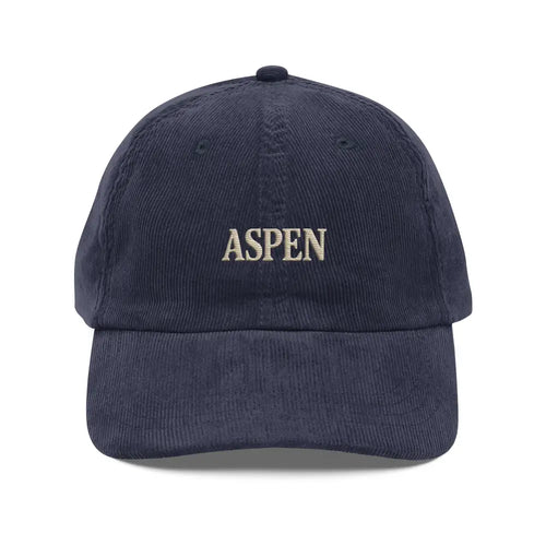 Navy blue aspen corduroy hat with embroidered Aspen on front