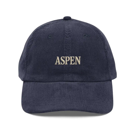 Navy blue aspen corduroy hat with embroidered mountain line and ASPEN on front