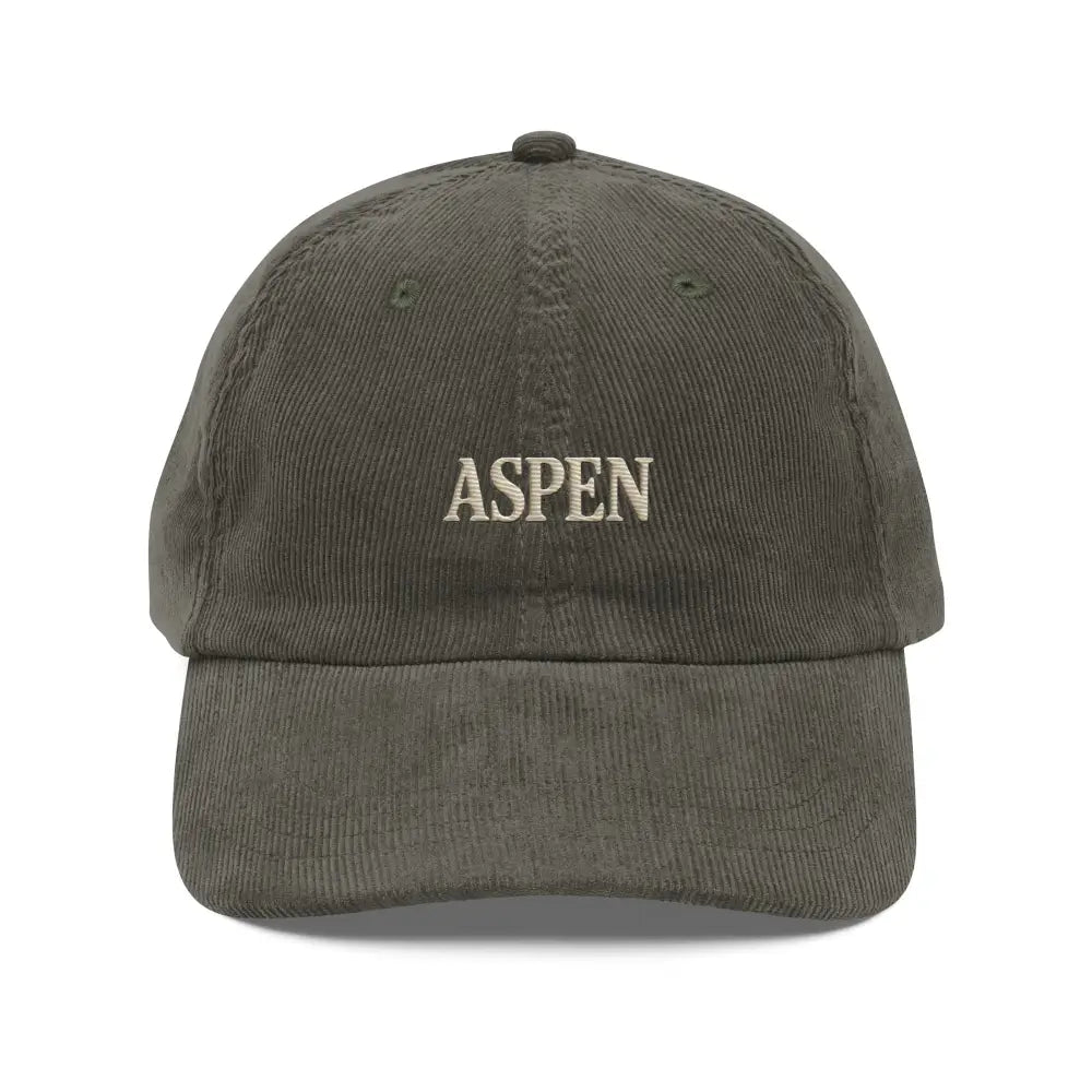 Aspen embroidered corduroy hat in dark olive green with cream letters