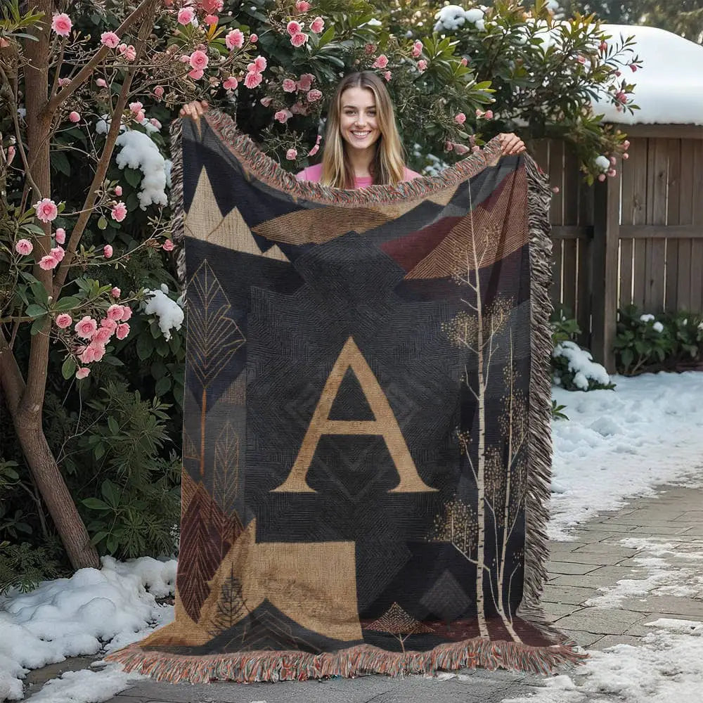 Aspen initial woven blanket with alpine travel textile design