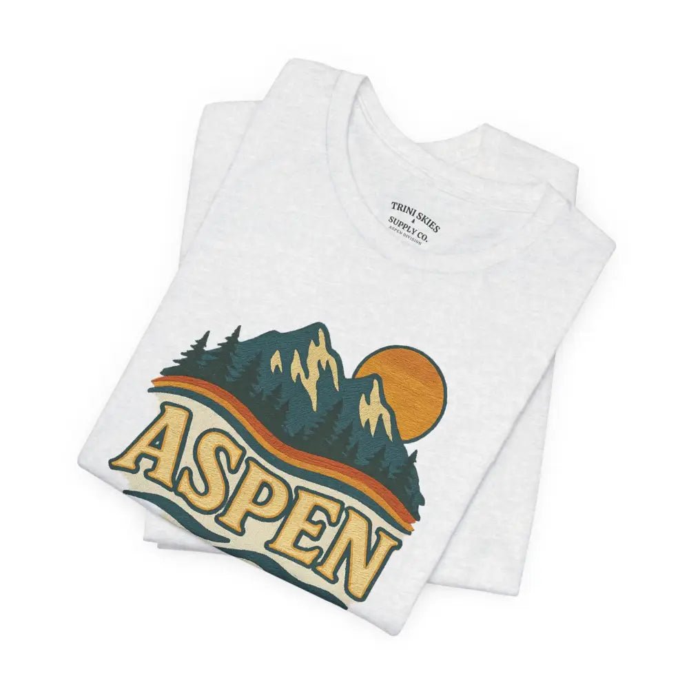 White Aspen Lodge Tee with colorful mountain and drawn design features by Trini Skies Supply