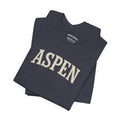 Folded dark blue minimalist Aspen chest graphic tee with detailed DTG collegiate print