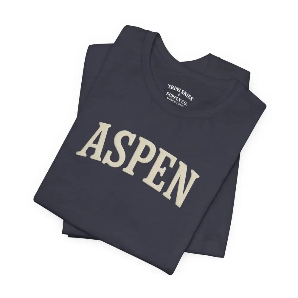Folded dark blue minimalist Aspen chest graphic tee with detailed DTG collegiate style