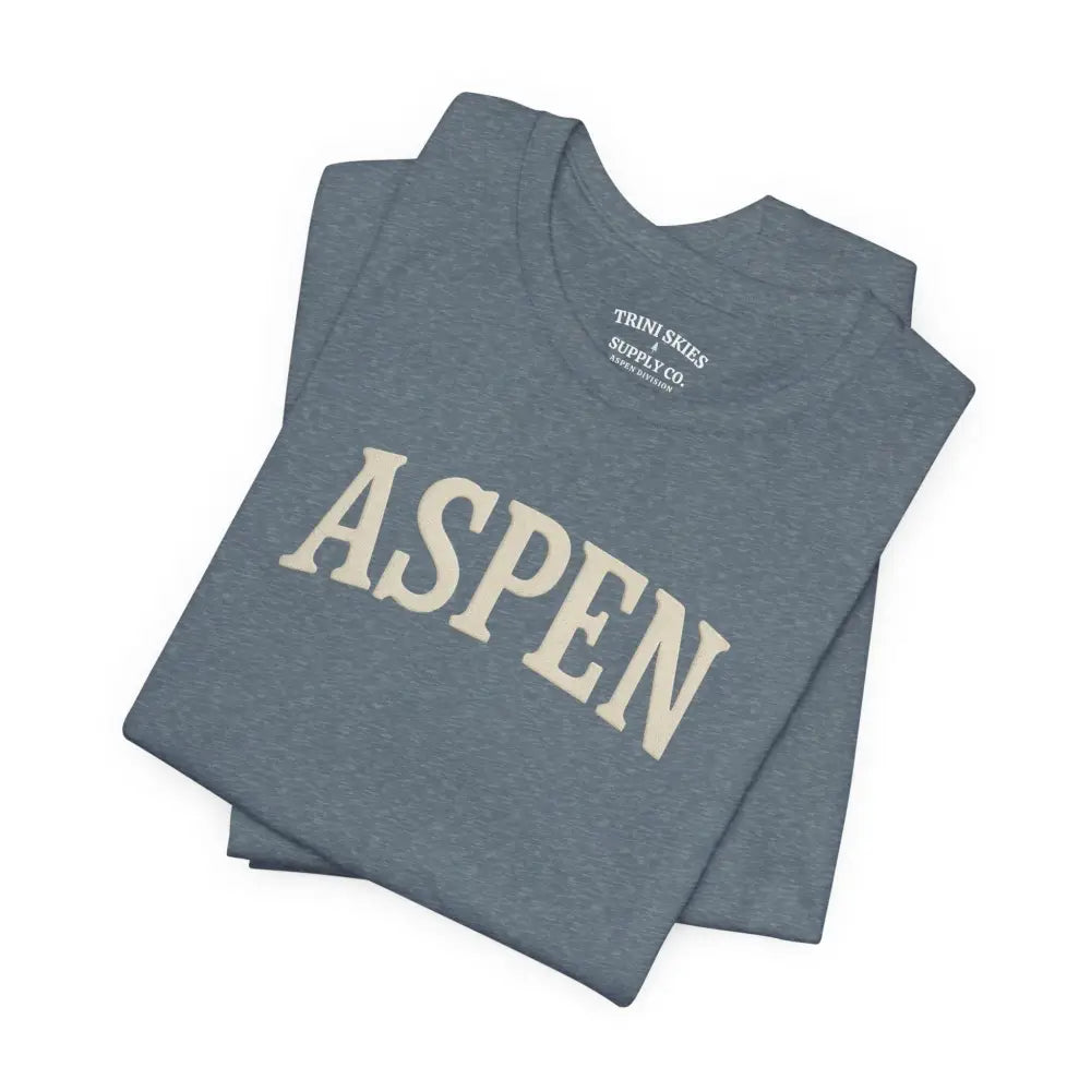 Blue-gray Aspen chest graphic tee with cream DTG print