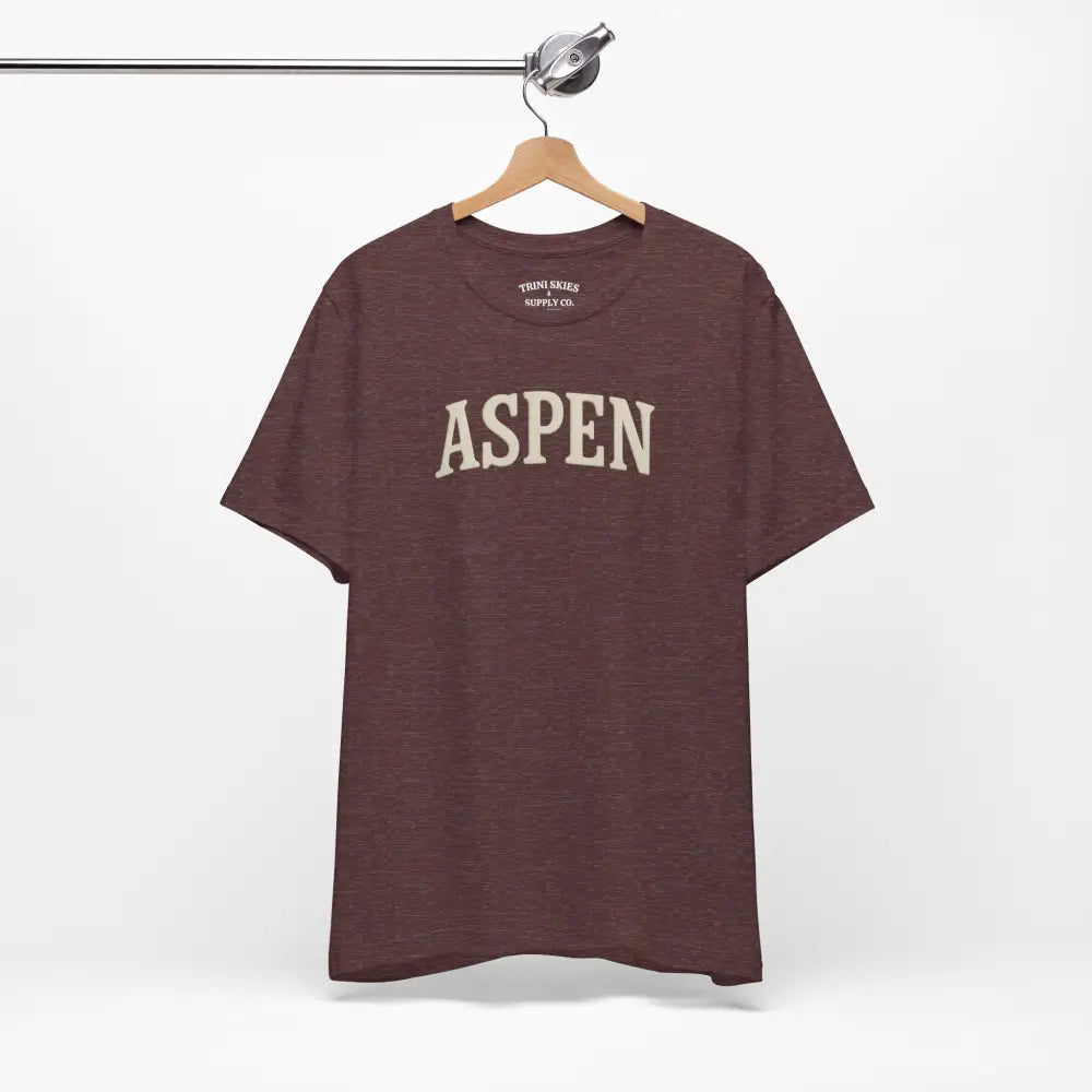 Men’s maroon short-sleeved T-shirt with Aspen Chest graphic in detailed DTG collegiate style