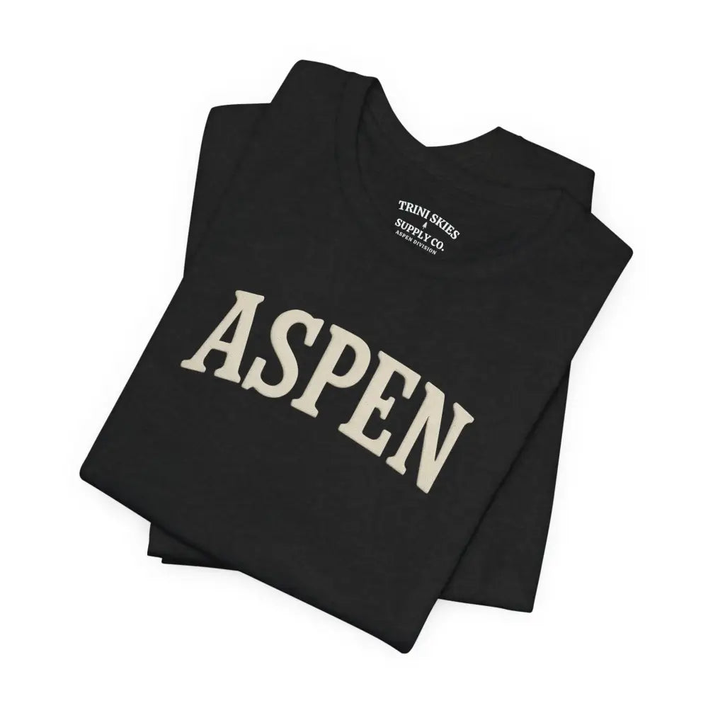Minimalist Aspen chest graphic tee in black with detailed DTG collegiate print