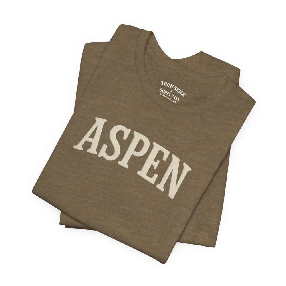 Folded brown minimalist Aspen chest graphic tee with detailed DTG collegiate style