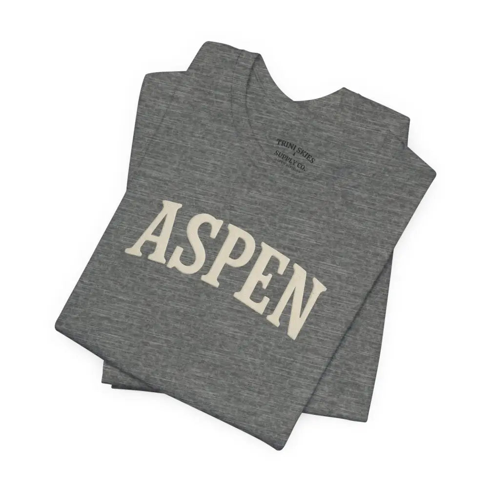 Gray Aspen chest graphic tee in detailed DTG collegiate style