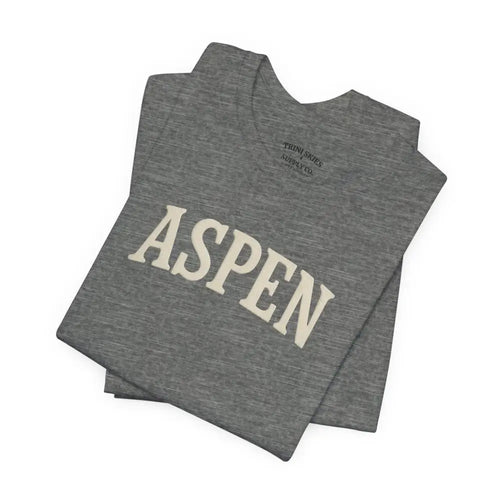 Gray Aspen chest graphic tee in detailed DTG collegiate style