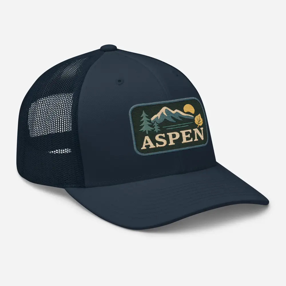 Dark blue Yupoong mesh snapback with embroidered Aspen Mountain patch