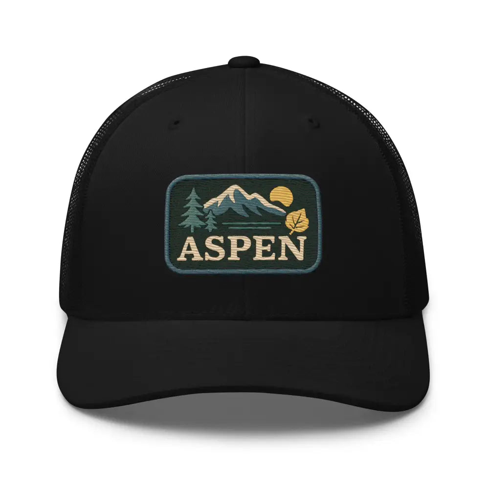 Black Yupoong mesh snapback with embroidered patch trucker featuring Aspen Mountain design