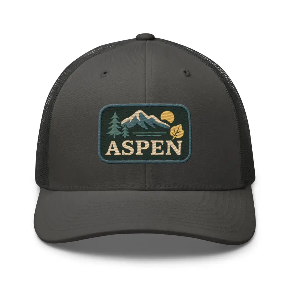 Charcoal gray trucker cap with embroidered ASPEN patch, Yupoong mesh snapback style