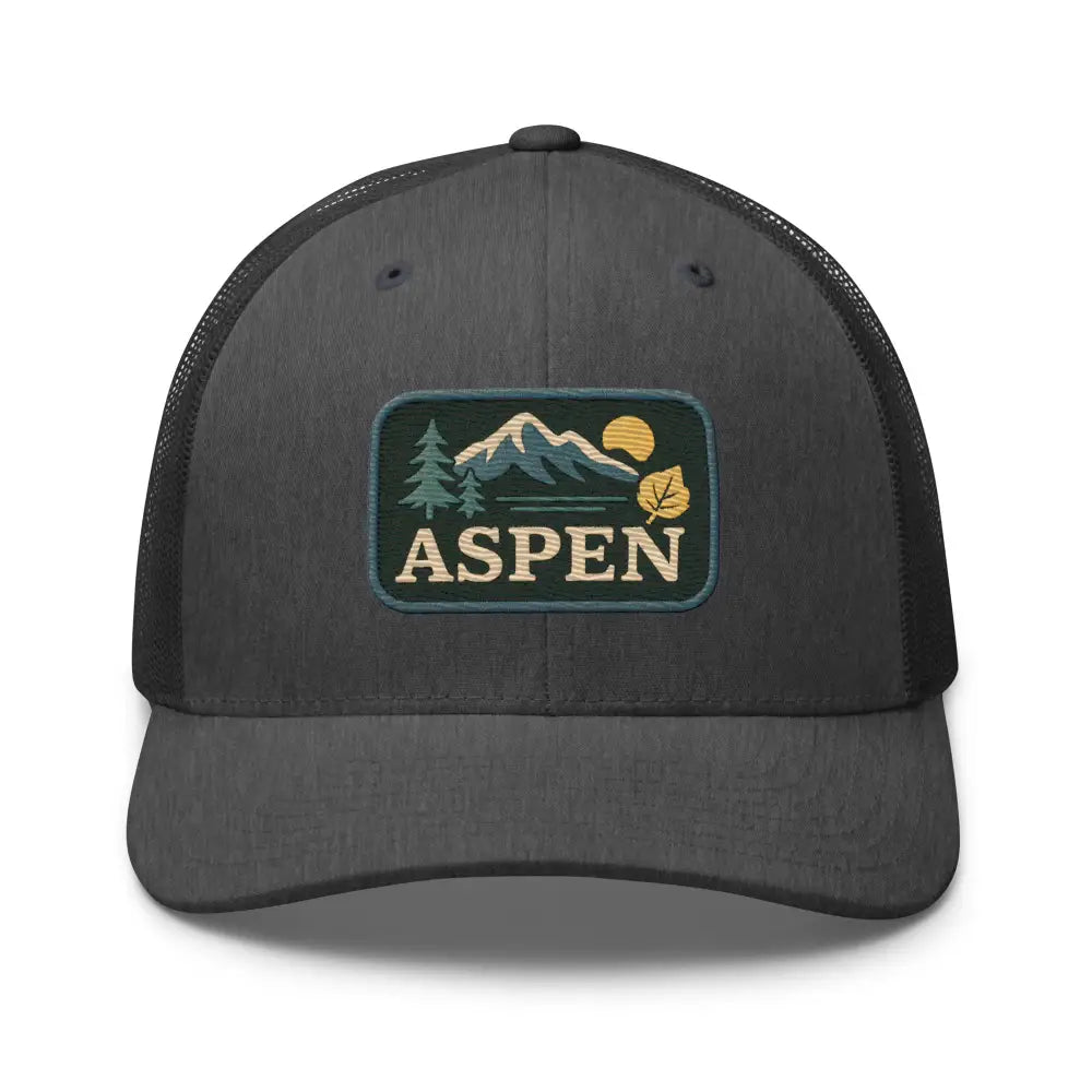 Dark gray Yupoong mesh snapback with Aspen embroidered patch