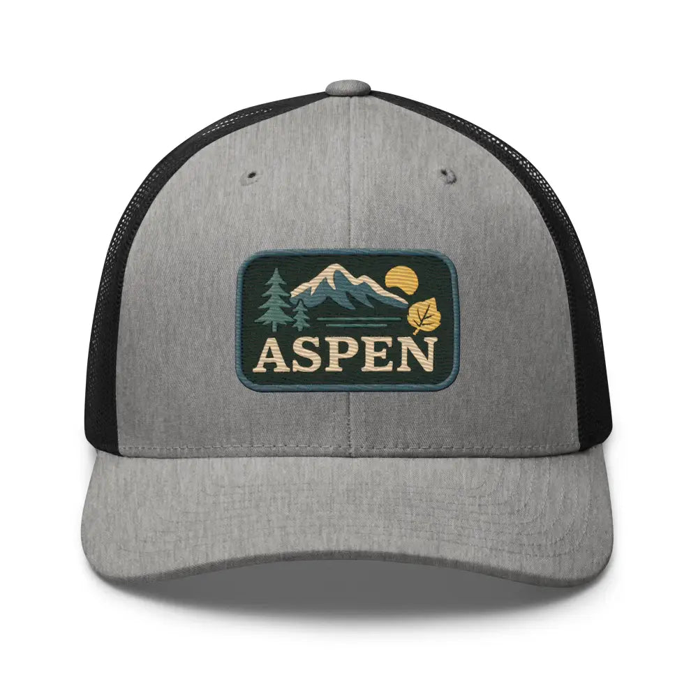 Gray and black Yupoong mesh snapback with Aspen Mountain embroidered patch