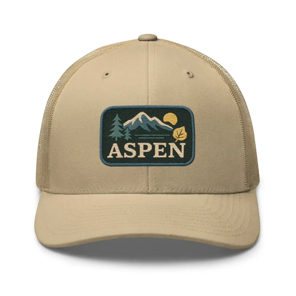 Tan embroidered patch trucker hat with Aspen patch