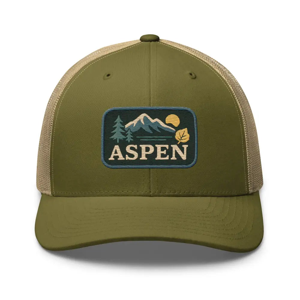 Olive green Aspen embroidered patch trucker hat